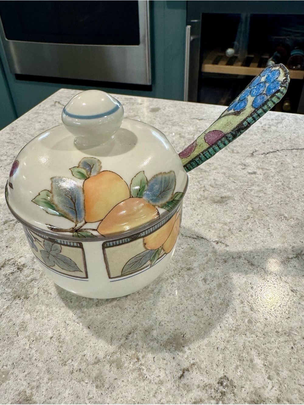 Mikasa Garden Harvest Jam/Jelly Jar Pot 4” Intaglio CAC29 with enameled spoon